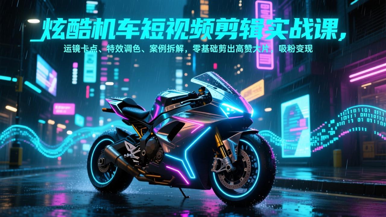 炫酷机车短视频剪辑实战课，运镜卡点、特效调色、案例拆解，零基础剪出高赞大片，吸粉变现-禾谷轻创网