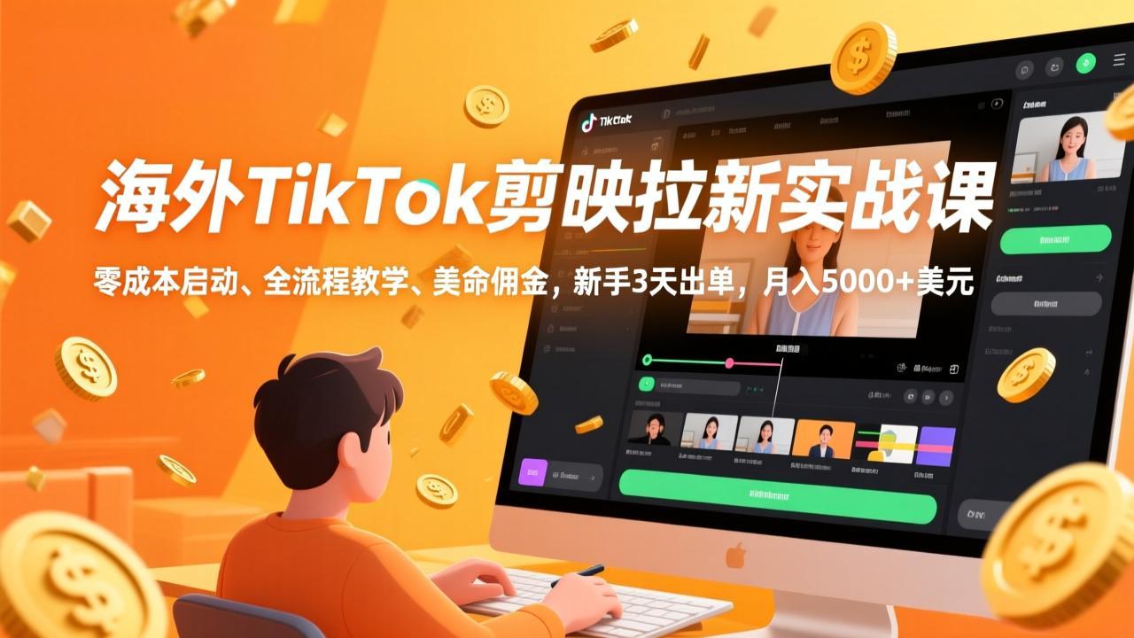 海外TikTok剪映拉新实战课，零成本启动、全流程教学、美金佣金，新手3天出单，月入5000+美元-禾谷轻创网