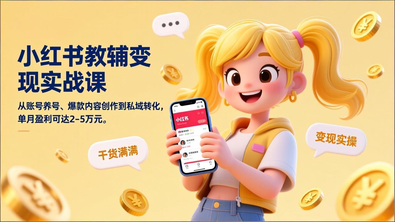 小红书教辅变现实战课，从账号养号、爆款内容创作到私域转化，单月盈利可达2-5万元-禾谷轻创网