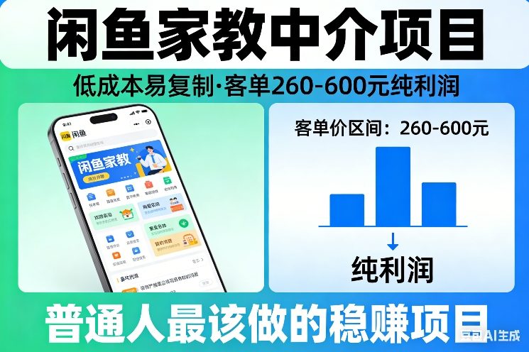 闲鱼家教中介项目，低成本易复制，客单260-600不等纯利润，这才是普通人最该做的稳賺项目-禾谷轻创网