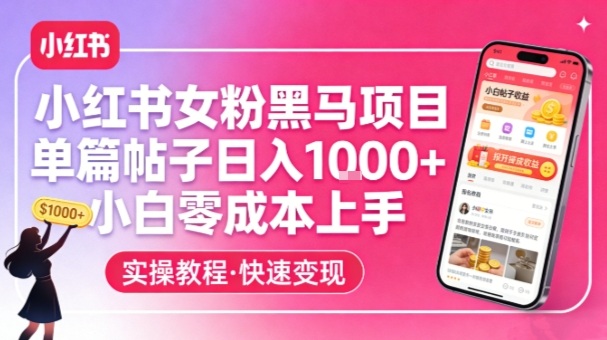 小红书女粉黑马项目，单篇帖子日入1k+，小白零成本上手-禾谷轻创网