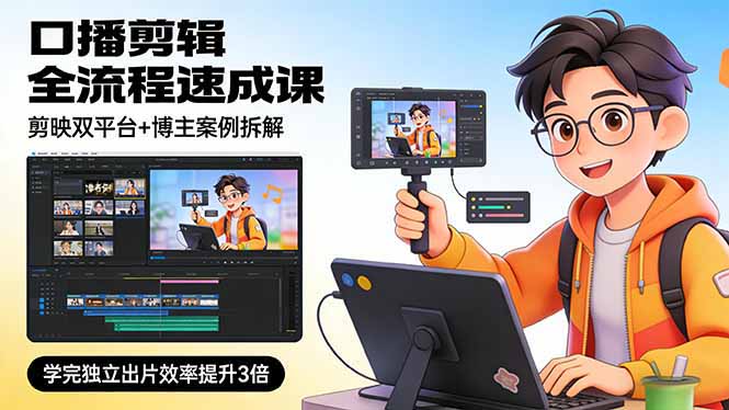 口播剪辑全流程速成课，剪映双平台+博主案例拆解，学完独立出片效率提升3倍-禾谷轻创网