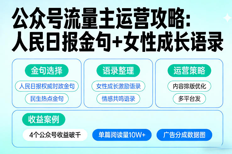 利用人民日报金句+女性成长语录做公众号流量主，4个公众号收益破千-禾谷轻创网