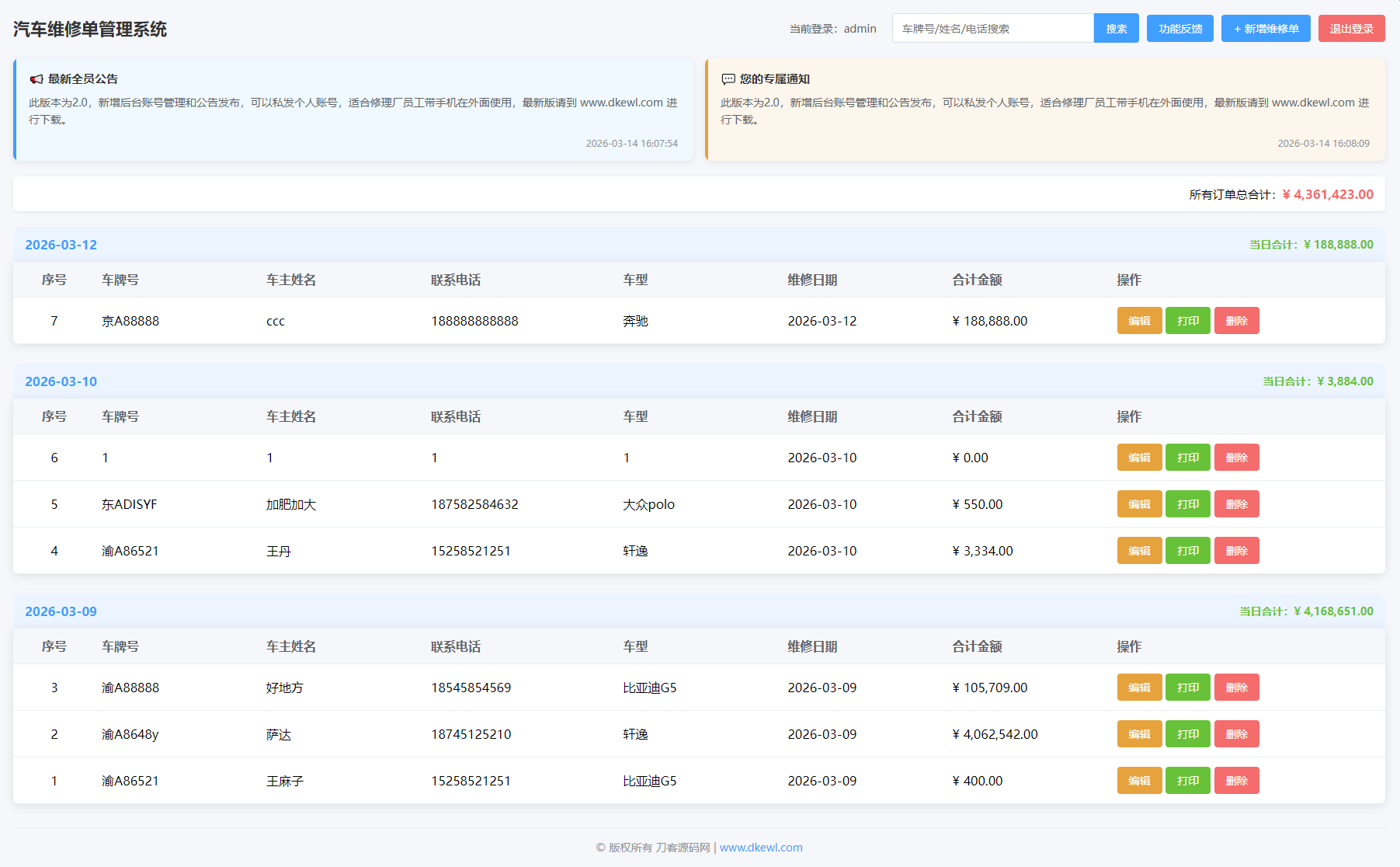 汽修单管理系统源码-禾谷轻创网