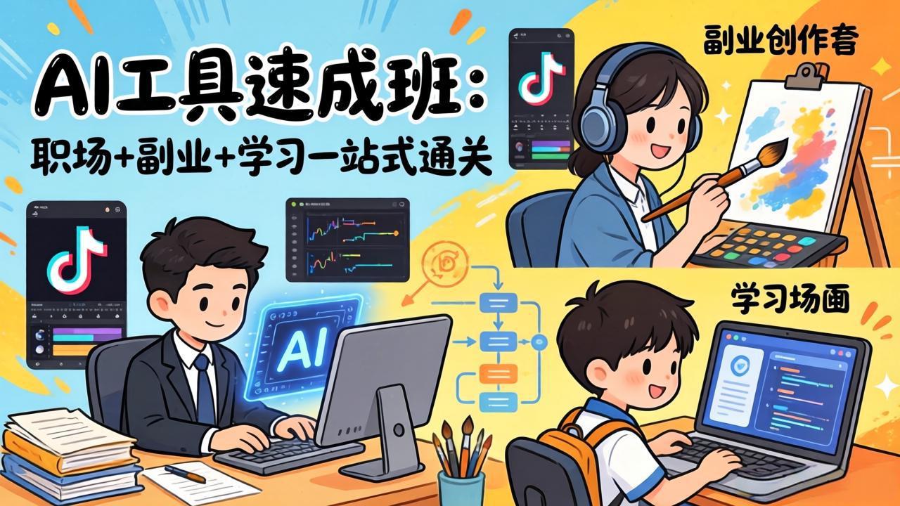 AI工具速成班：职场+副业+学习一站式通关，20+爆款类型+剪映技巧+抖音算法，0基础快速上手-禾谷轻创网