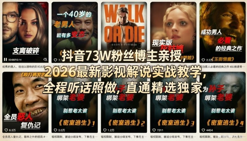 抖音73W粉丝博主亲授，2026最新影视解说实战教学，全程听话照做，直通精选独家-禾谷轻创网