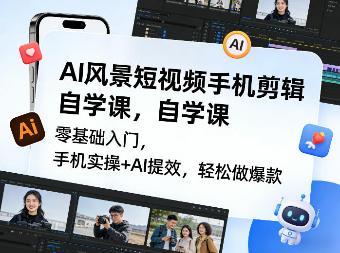 AI风景短视频手机剪辑自学课，零基础入门，手机实操+AI提效，轻松做爆款-禾谷轻创网