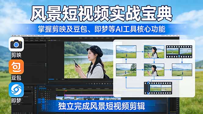 风景短视频实战宝典：掌握剪映及豆包、即梦等AI工具的核心功能，独立完成风景短视频剪辑-禾谷轻创网