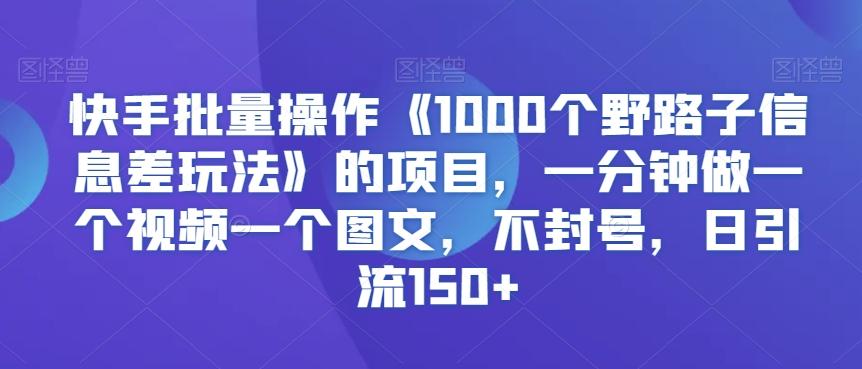 快手批量操作《1000个野路子信息差玩法》的项目，一分钟做一个视频一个图文，不封号，日引流150+【揭秘】-禾谷轻创网