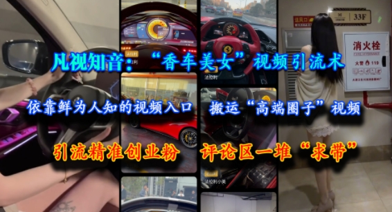 凡视知音：“香车美女”视频引流术，依靠鲜为人知的视频入口，搬运“高端圈子”视频，引流精准创业粉，评论区一堆“求带”-禾谷轻创网