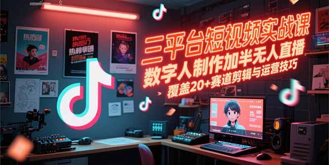 三平台短视频实战课，数字人制作加半无人直播，覆盖20+赛道剪辑与运营技巧-禾谷轻创网