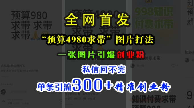 小红书“预算4980带我飞”图片打法，一张图片引爆创业粉，私信回不完，单条引流300+精准创业粉-禾谷轻创网