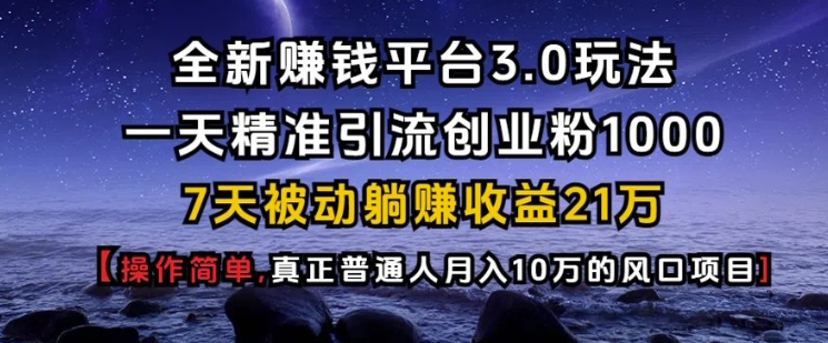 全新赚钱平台3.0玩法一天精准引流创业粉1000.7天被动躺Z收益21W【仅揭秘】-禾谷轻创网